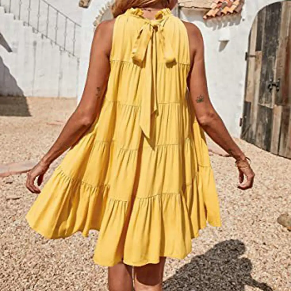 

Popular Beach Dress A-line Solid Color Summer Dress Pleated Stitching Hem Mini Dress