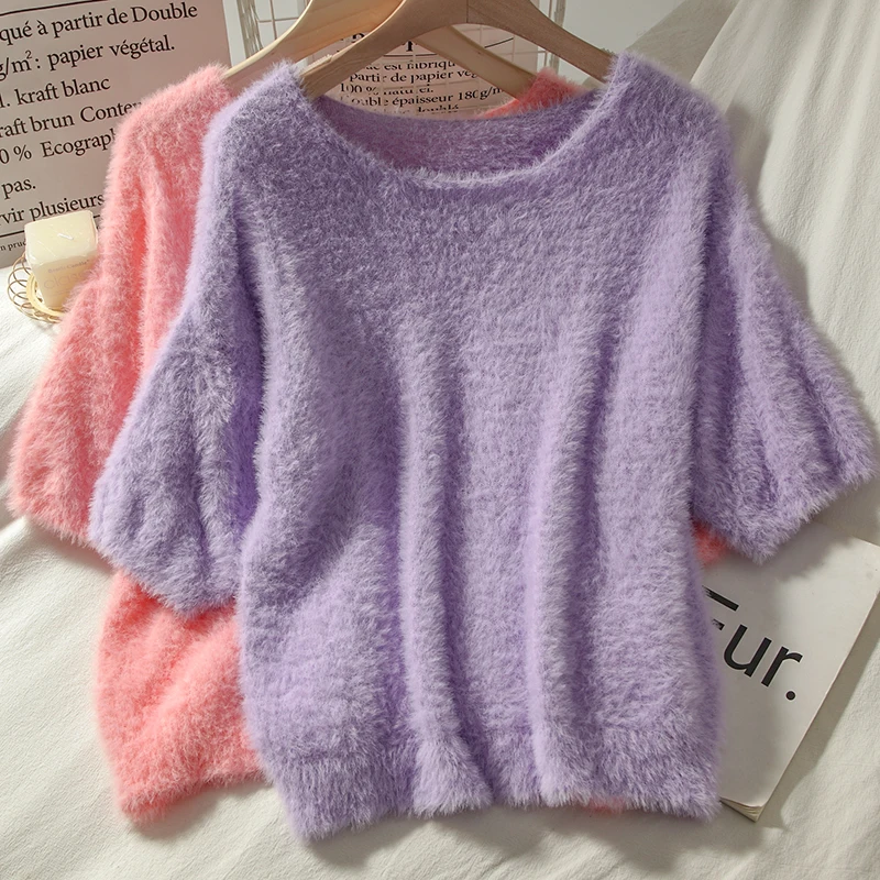 

Новые модные корейские мохеровые свитера с круглым вырезом и коротким рукавом в стиле преппи милые осенние пуловеры в японском стиле для же...