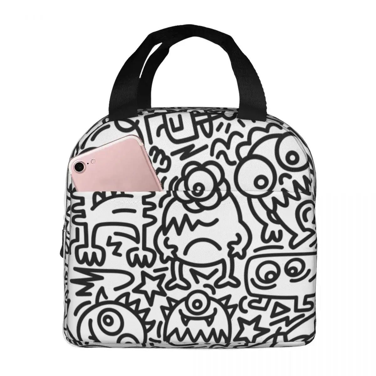 

Modern Alien Doodle Pattern Lunch Bag Portable Insulated Canvas Cooler Thermal School Lunch Box for Women Kids