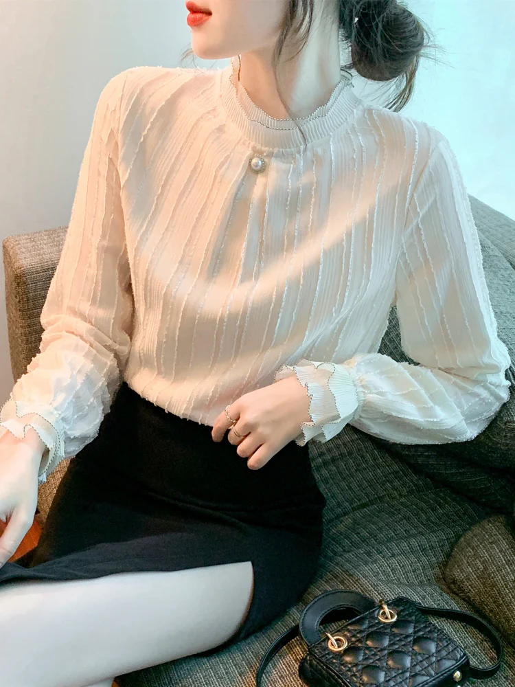 Женская шифоновая блузка с длинным рукавом абрикосовая рубашка-Топ модель F400 на