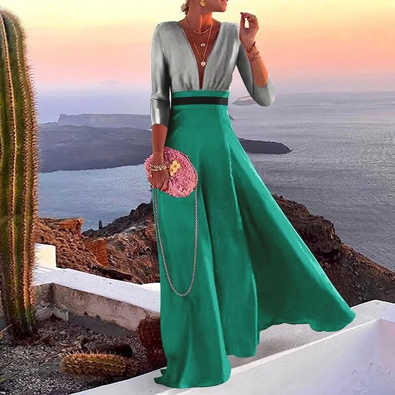 

2023New Casual dress,Women's Spring/Summer Women's Leaf Splice Off Shoulder Oblique Shoulder Printed Long Dress
