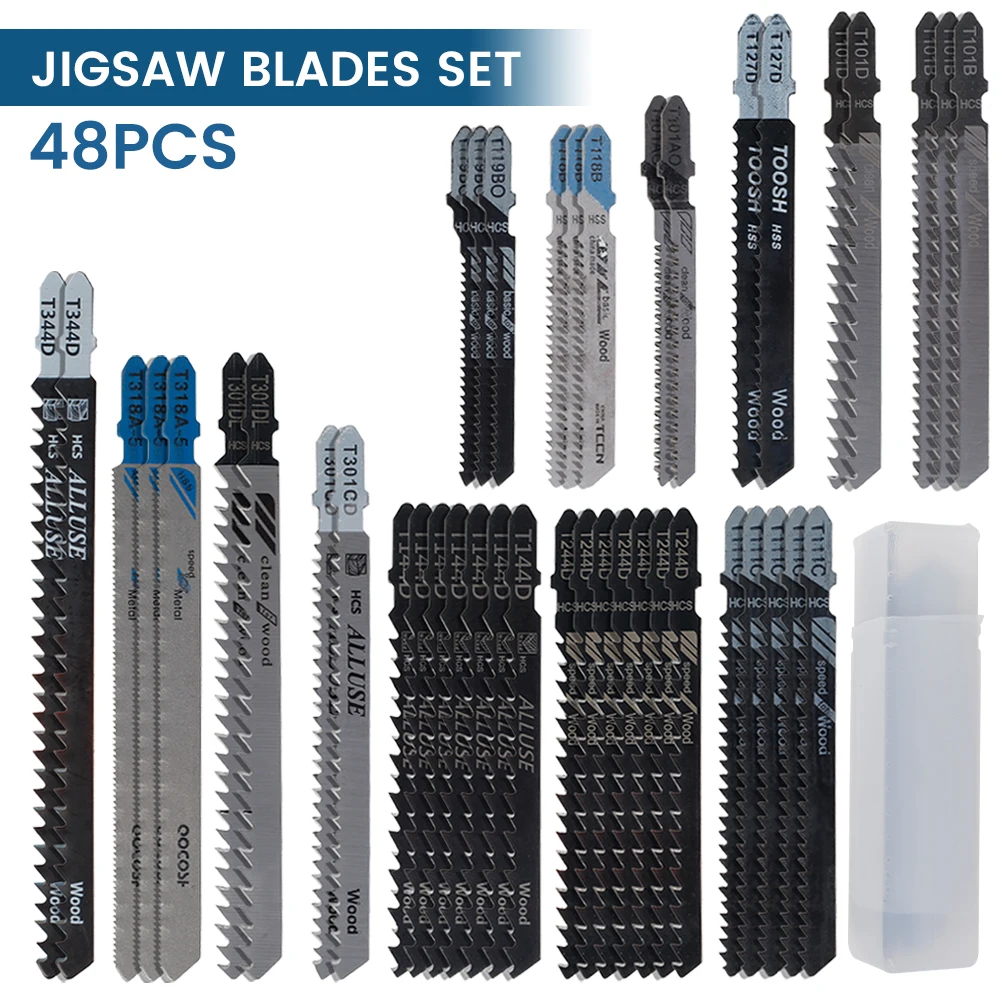 

48Pcs Jig Saw Blade Set Metal Wood Cutting Blades Woodworking T118A/T118B/T318A/T127D/T144D Power Tool Accessories Jigsaw Blades