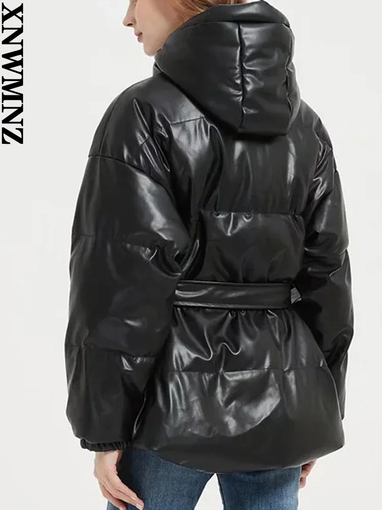 XNWMNZ New Women Leather with belt warm Cotton parka Winter Coat Womens Clothing Slim Waist Long Sleeve Hooded Outwear  Clothes