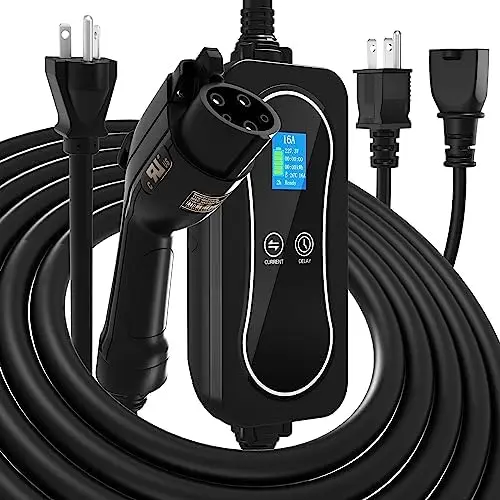 

Зарядное устройство для электромобилей, уровень 2, портативное автомобильное зарядное устройство J1772 с регулируемой задержкой тока/времени и кабелем 25 футов, NEMA 6-20 и NEMA 5-15,