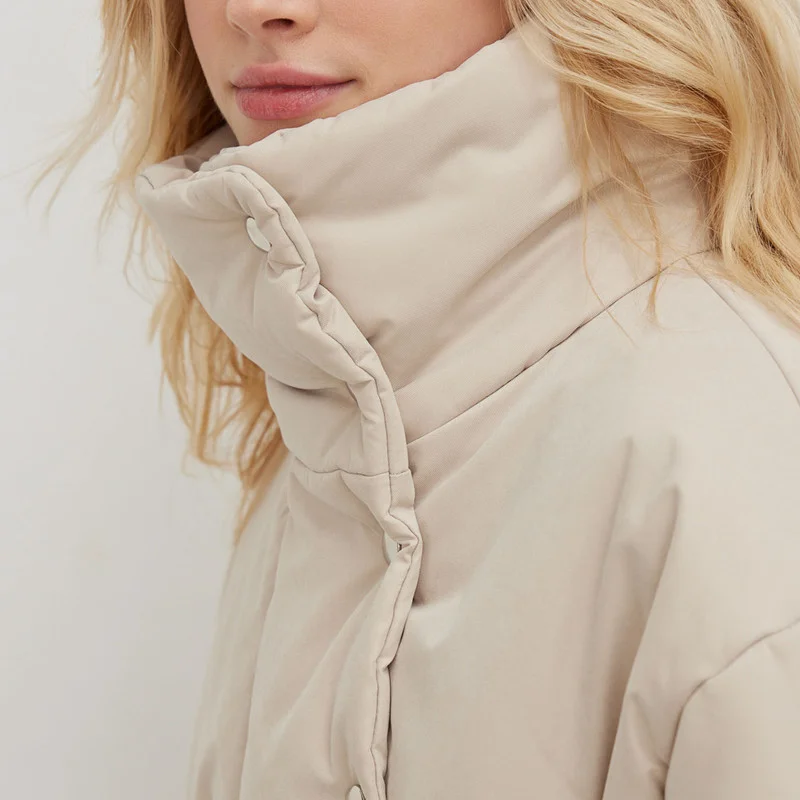 Button High Stand Collar Parkas 2022 American Women's Temperament Soft Warm Windproof Belt Cotton Padded Jacket Office Lady Coat