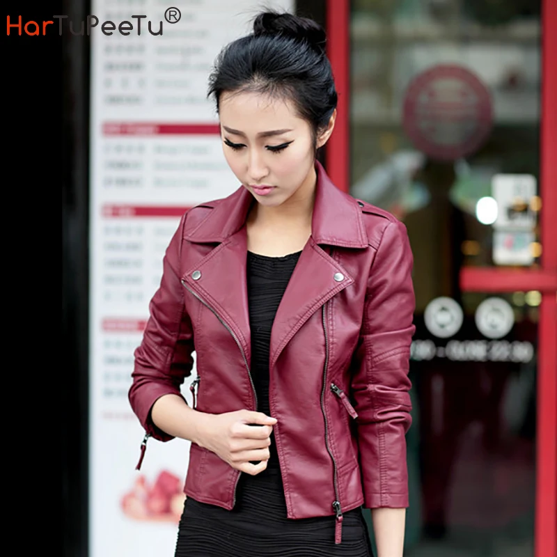 2022 Spring Autumn Women Red Black Faux Leather Jacket Motor Short Slim Fit PU Coat Biker Korean Drop XS~4XL Outwear Shipping