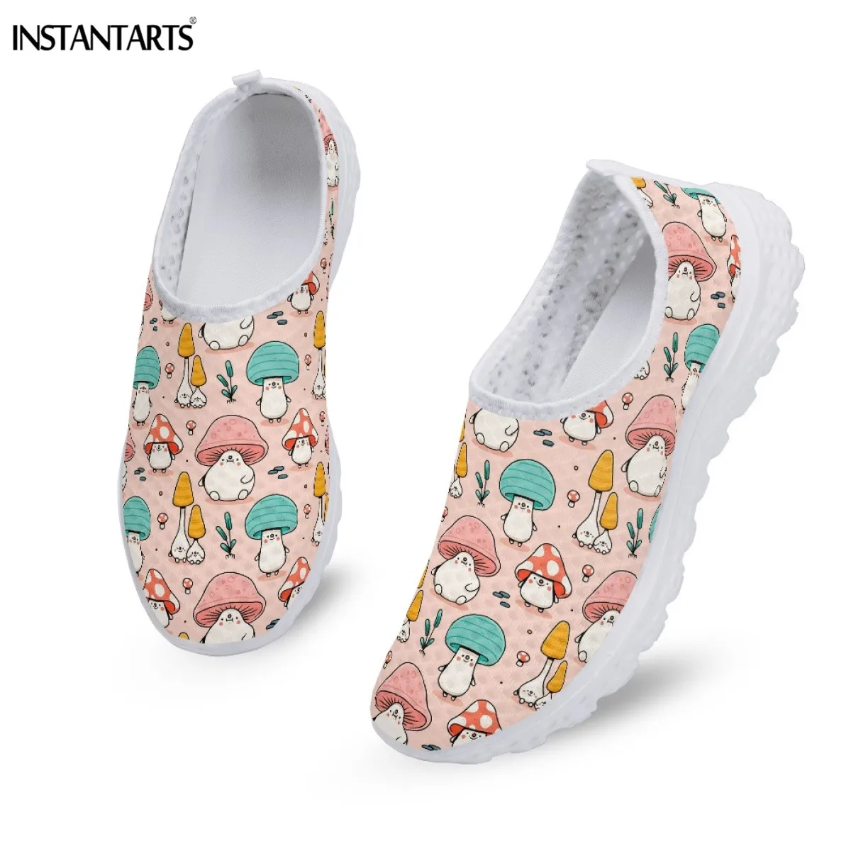 

INSTANTARTS Cute Cartoon Mushroom Pattern Girls Slip-on Flat Shoes Outdoor Breathable Loafers Lightweight Air Mesh Sneakers 2023