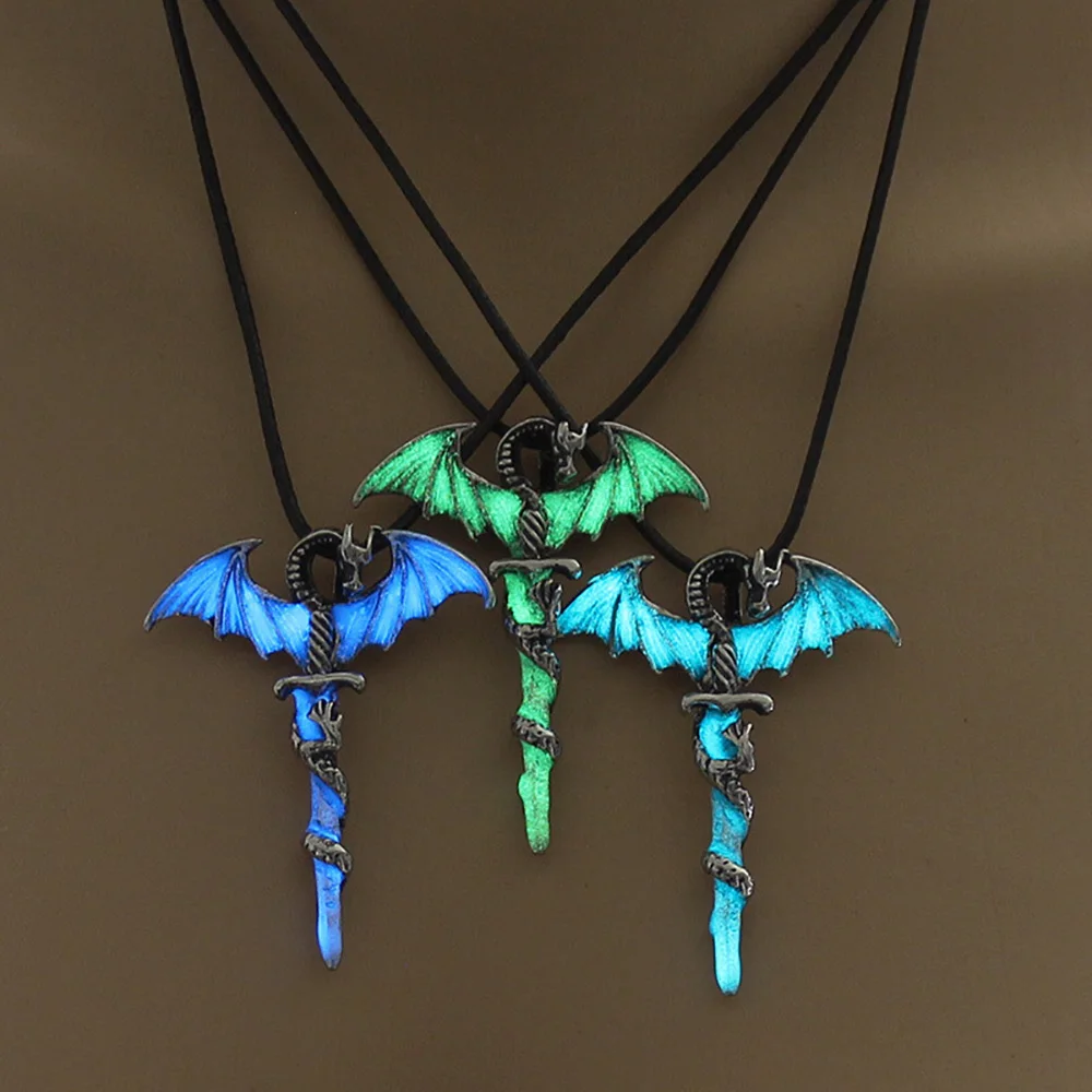 Luminous Necklace Glowing Night Fluorescence Glow In The Dark Sword Vintage Dragon Pendant Necklace for Men Women Party Hallowen