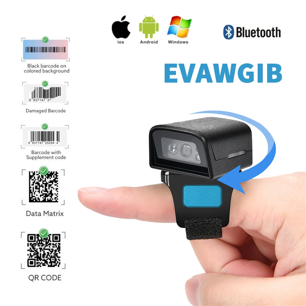 

EVAWGIB 1D/2D Wireless Barcode Scanner Ring Bar Code Reader PDF417 USB Code Scanner Bluetooth-compatibl for Windows iOS