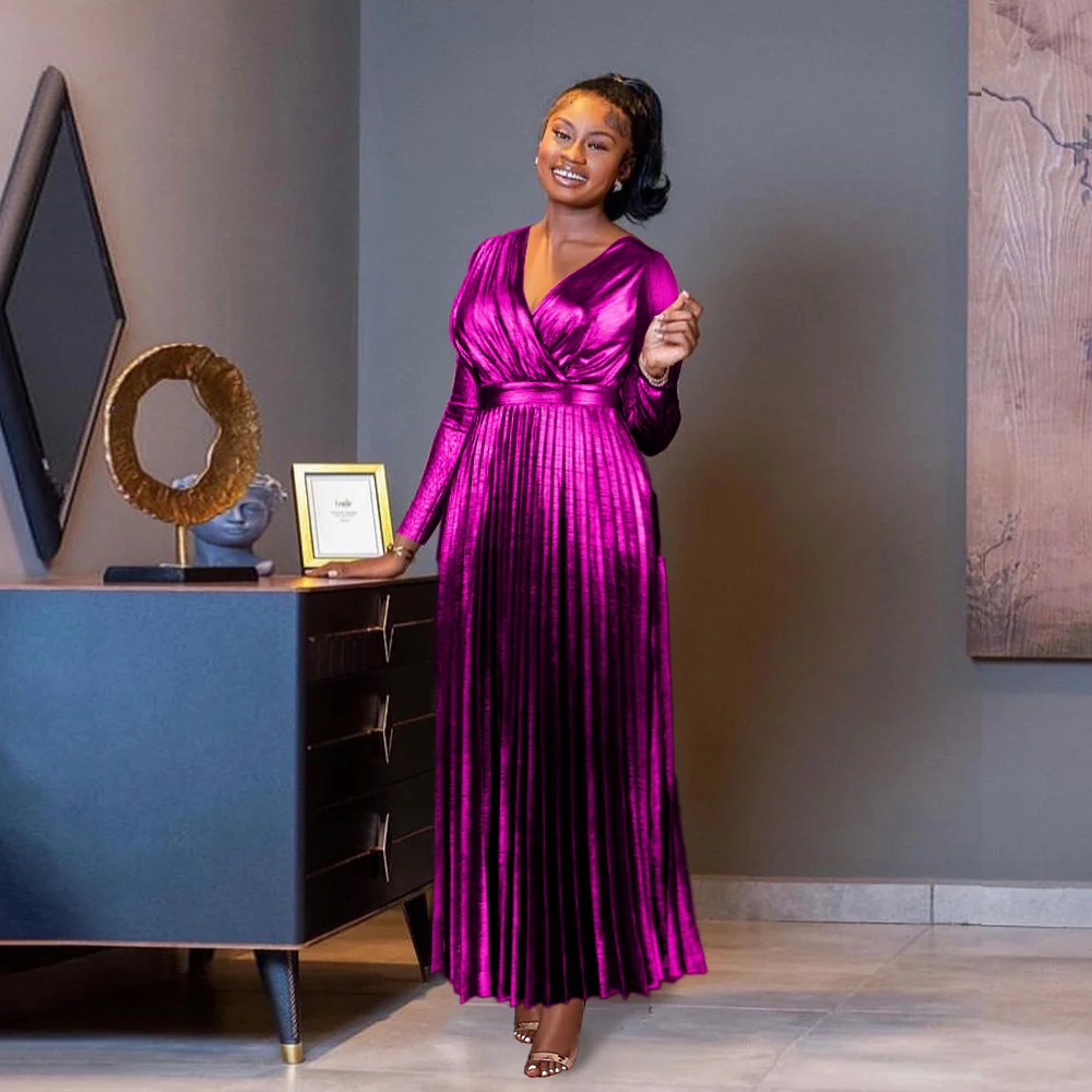 

Light Luxury Pleated Long Dress Fashion Golden Purple V Neck High Waist Autumn Winter A Line Women Elegant Dresses Fall Female