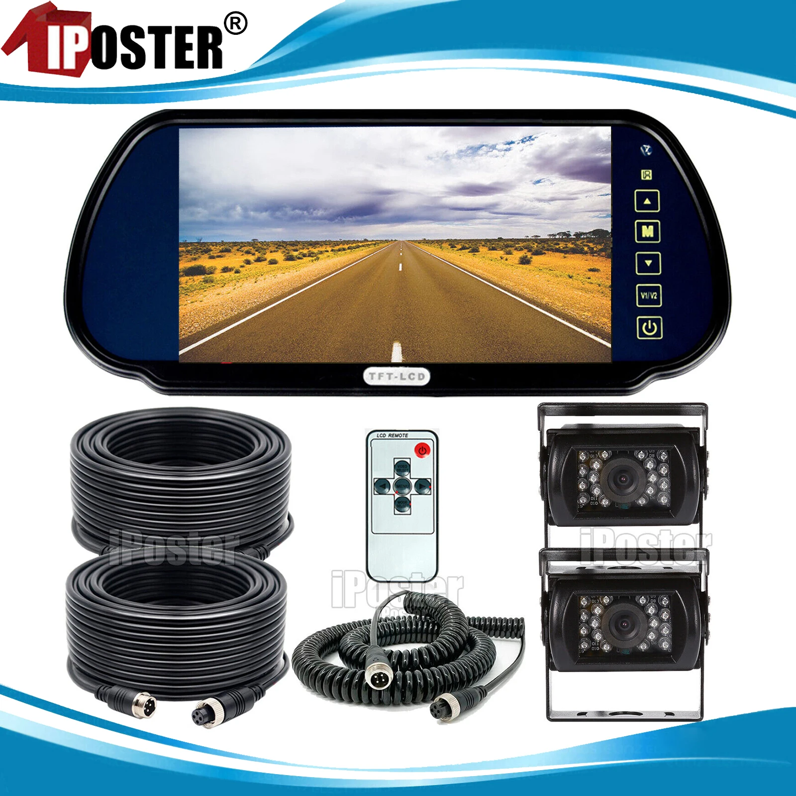 iPoster 7-дюймовый зеркальный монитор заднего вида 12-24 В + 2 ИК-камера CCD HD с пружинным