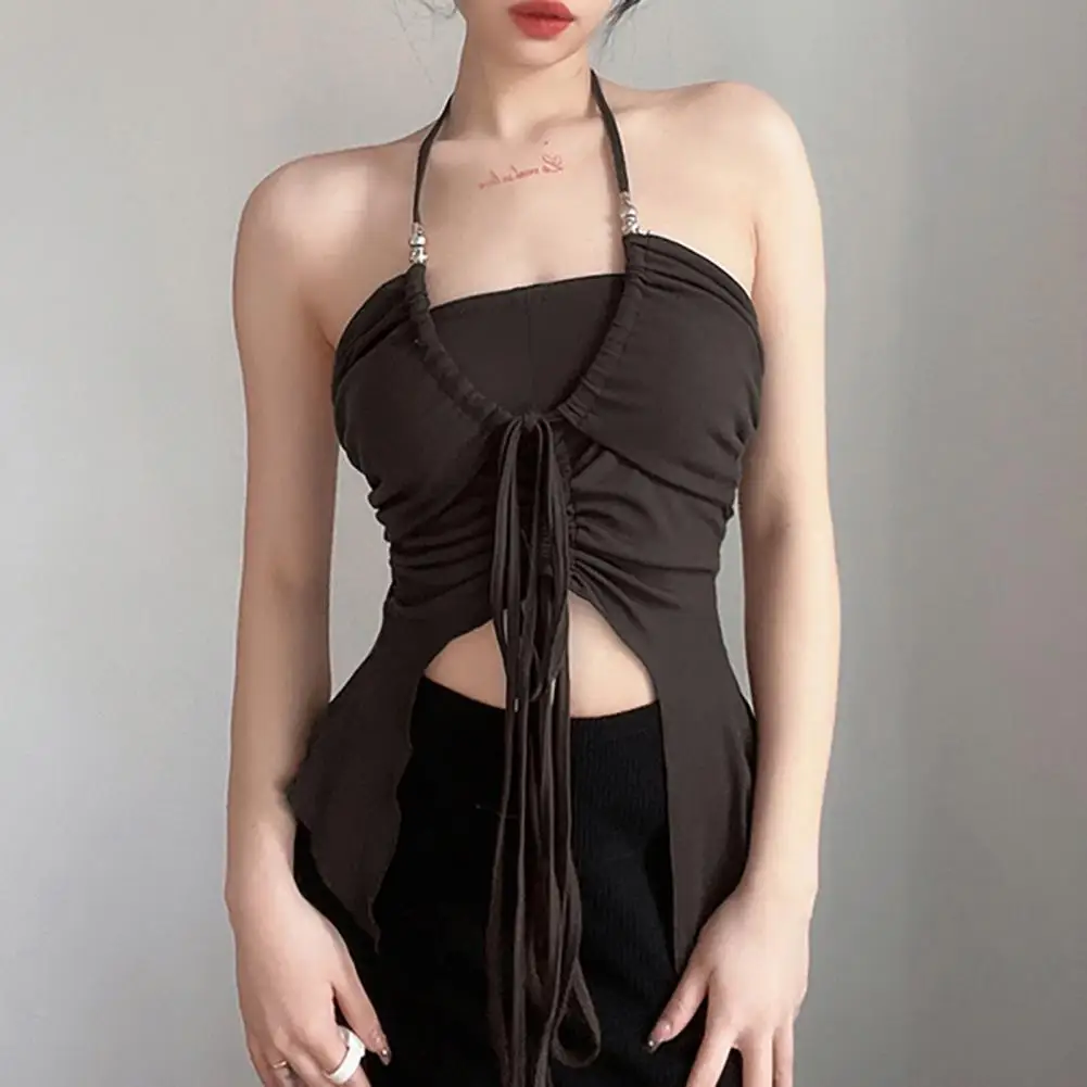 

Drawstring Shirring Backless Irregular Hem Crop Top Solid Color Halter Sling Club Vest Female Clothing