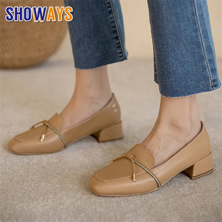 

2023 Spring Autumn Women Loafers Black Beige Square Toe Flats Ladies Dress Moccasins Retro Low Heel Slip-on Bowtie Smoking Shoes