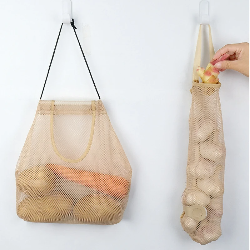 

Kitchen Accessories Organizers Storage Eco Tote Mesh Bag Pouch Reusable Hang Shopping Bags For Fruit Vegetable Onion Storage