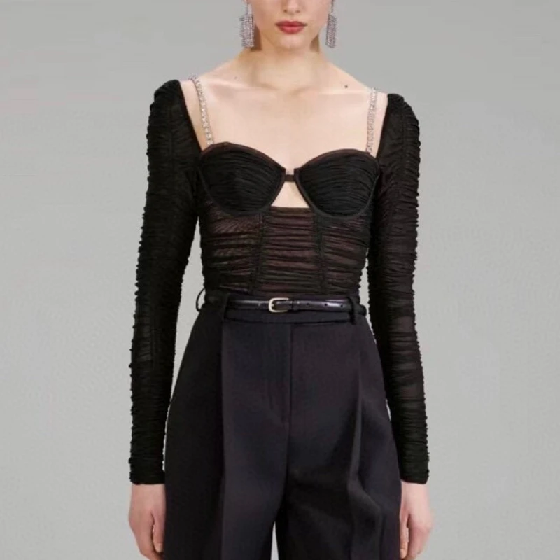 

Latest 2022 Fall Original Design Solid Black Shirred Wide Neckline Crystal Straps Bodycon Blouse Women
