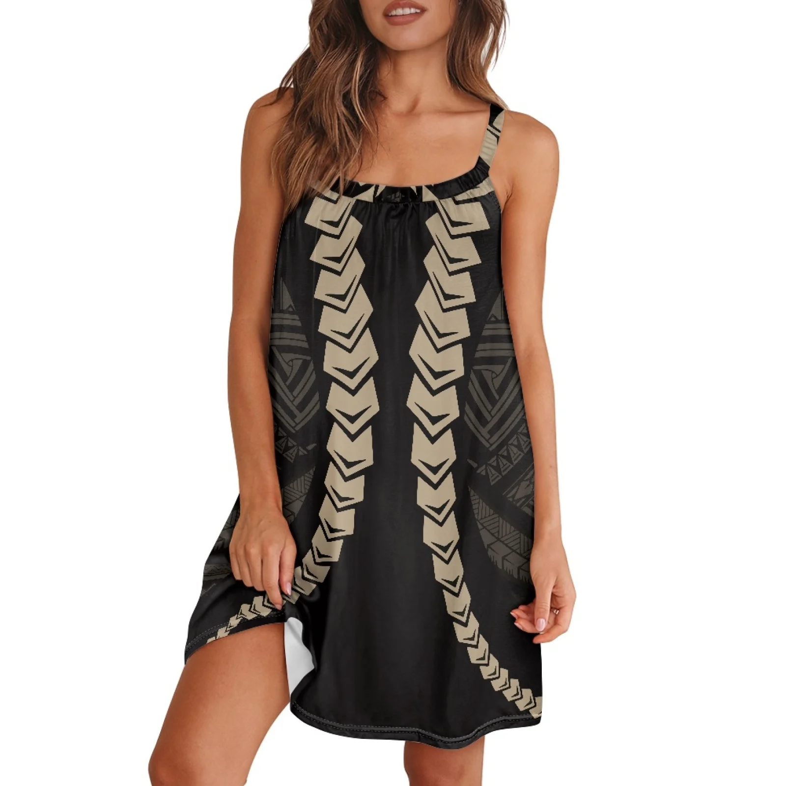 

Polynesian Tribal Pohnpei Totem Tattoo Prints Gym Casual Ladie Suspender Versatile Loose Black White Stripe Print Mini Skirt