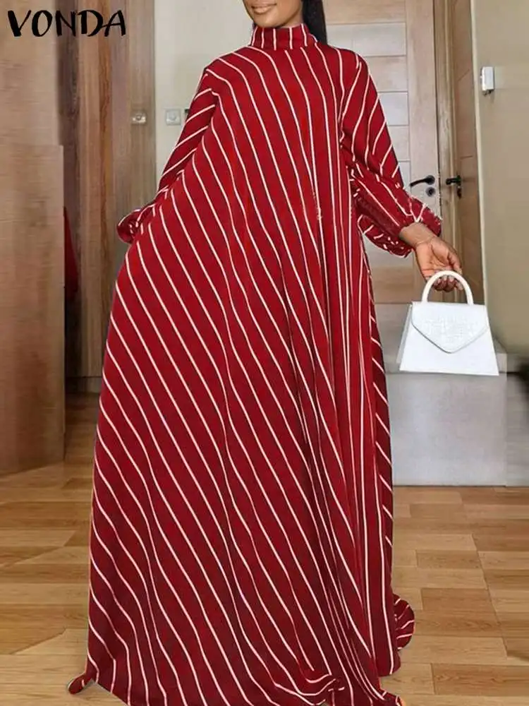 

VONDA Bohemian Women Elegant Striped Maxi Dress 2023 Autumn High Neck Long Sundress Fashion Long Puff Sleeve Printed Vestidos