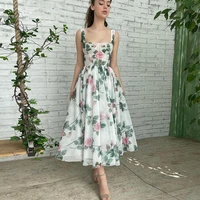sevintage flowers printed tulle prom dresses spaghetti straps%c2%a0tea length a line evening dress wedding party gown 2022