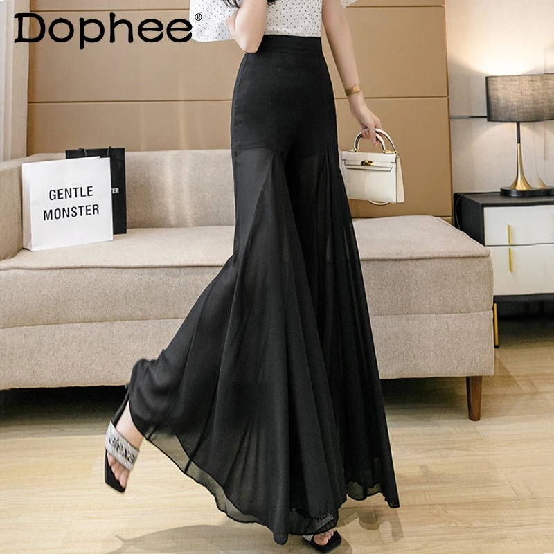 

Summer Thin Ice Silk Wide-Leg Pants Women High Waist Chiffon Culottes Trousers Loose Oversized Big Feet Drape Black Flare Pants