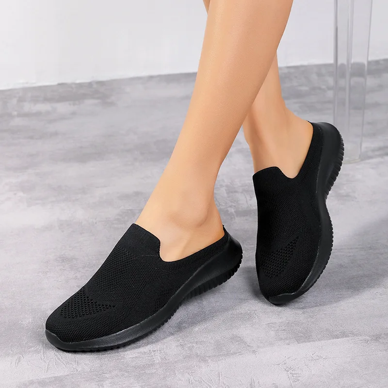 Women Slipper Spring Autumn Solid Color Elastic Fabric Mules Comfortable Soft Bottom Flat Shoe Slip-on Mother Morning Walk Shoes