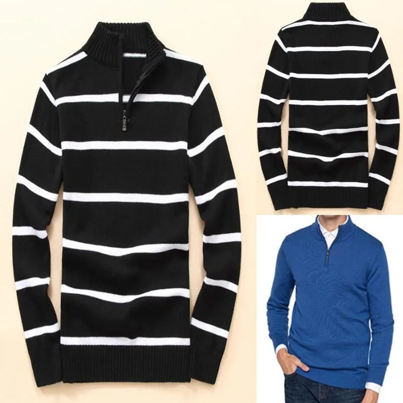 

Striped Men's Premium Knit Cotton Sweater Half Zip Stand Collar Warm Sweater