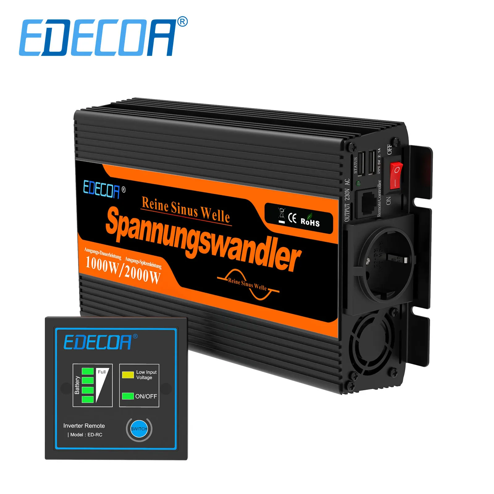 EDECOA 1000W reiner Sinus-Wechselrichter DC 12V auf AC 220V 230V netzunabhängiger Konverter für Autoboot-Solaranlage