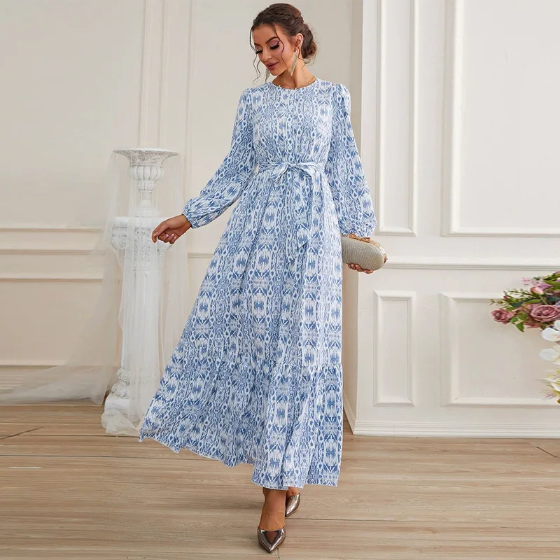 

Vintage Print Kaftan Women Muslim Maxi Dress Long Sleeve Belted Abaya Dubai Turkey Party Gown Islam Clothing Arabic Robe Jilbab