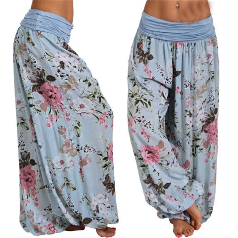 

Женские богемные брюки с цветочным принтом, винтажные шаровары со средней талией, пляжные длинные брюки в стиле бохо с эластичным поясом, модель 5Xl 2023