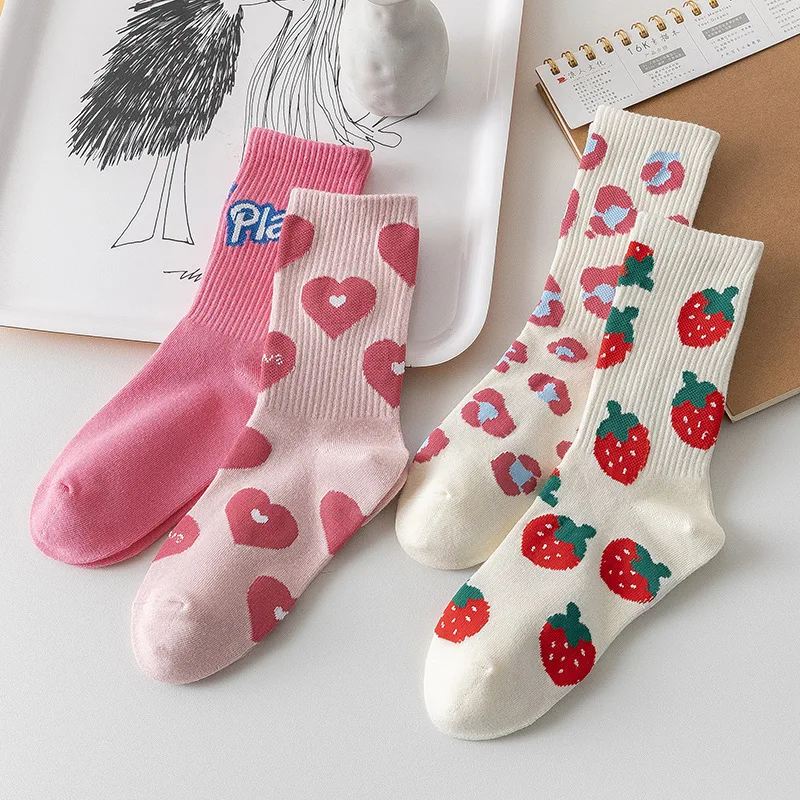 New Heart Strawberry Sweet Love Girl Socks Women's Middle Tube Socks Cute Lovely Fruit Pink Cotton Casual Socks