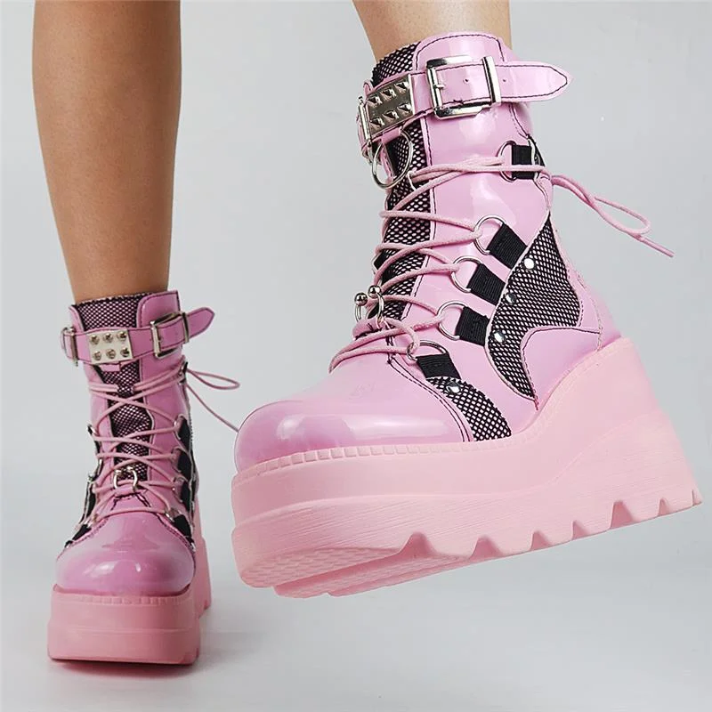 

2022 Autumn Winter Sale Punk High Wedges Heels Halloween Witch Cosplay Platform Gothic Calf Black Boots Women Shoes Big Size 43
