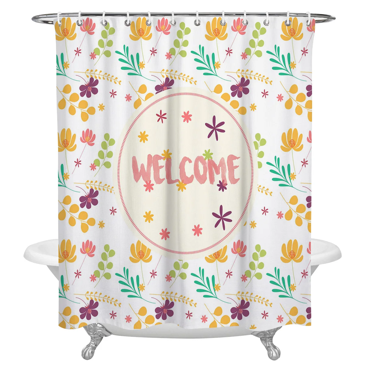 

Welcome Flower Floral Waterproof Shower Curtain with Hooks Home Decor Polyester Fabric Bath Bathroom Curtains