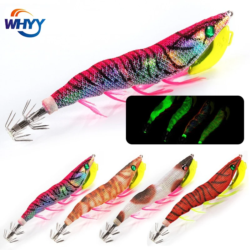 

WHYY Wooden Shrimp Luminous Octopus Jigs Lure with Squid Hook 24g 105mm Quality Artificial Saltwater Bait for Sea Fishing