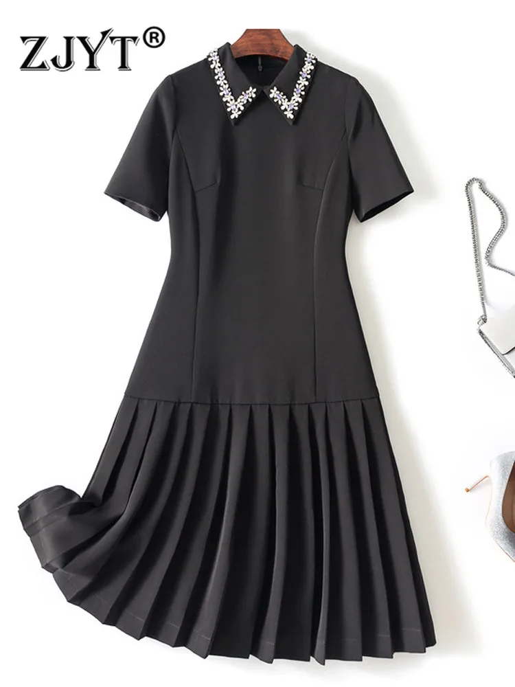 

ZJYT Luxury Diamonds Collar Women Summer Short Sleeve Dress Elegant 2022 New Solid Black Simple Pleated Vestidos Casual Robes