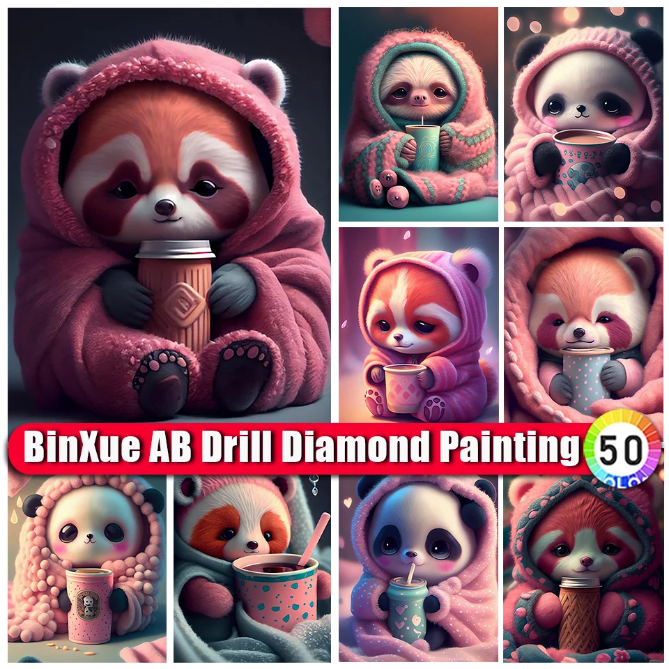 

BinXue AI Art 5D DIY Cartoon Panda AB Diamond Painting Kit Sloth Hand Embroidered Ailurus fulgens Mosaic Animal Home Decor Gift