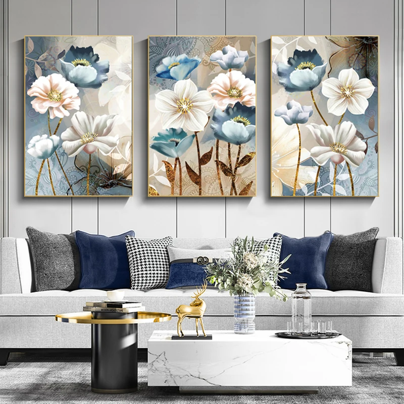 

Vintage Transparent Blue Flower Plant Printed Painting Wall Art on Canvas Picture Scandinavian Poster for Living Room Home Decor