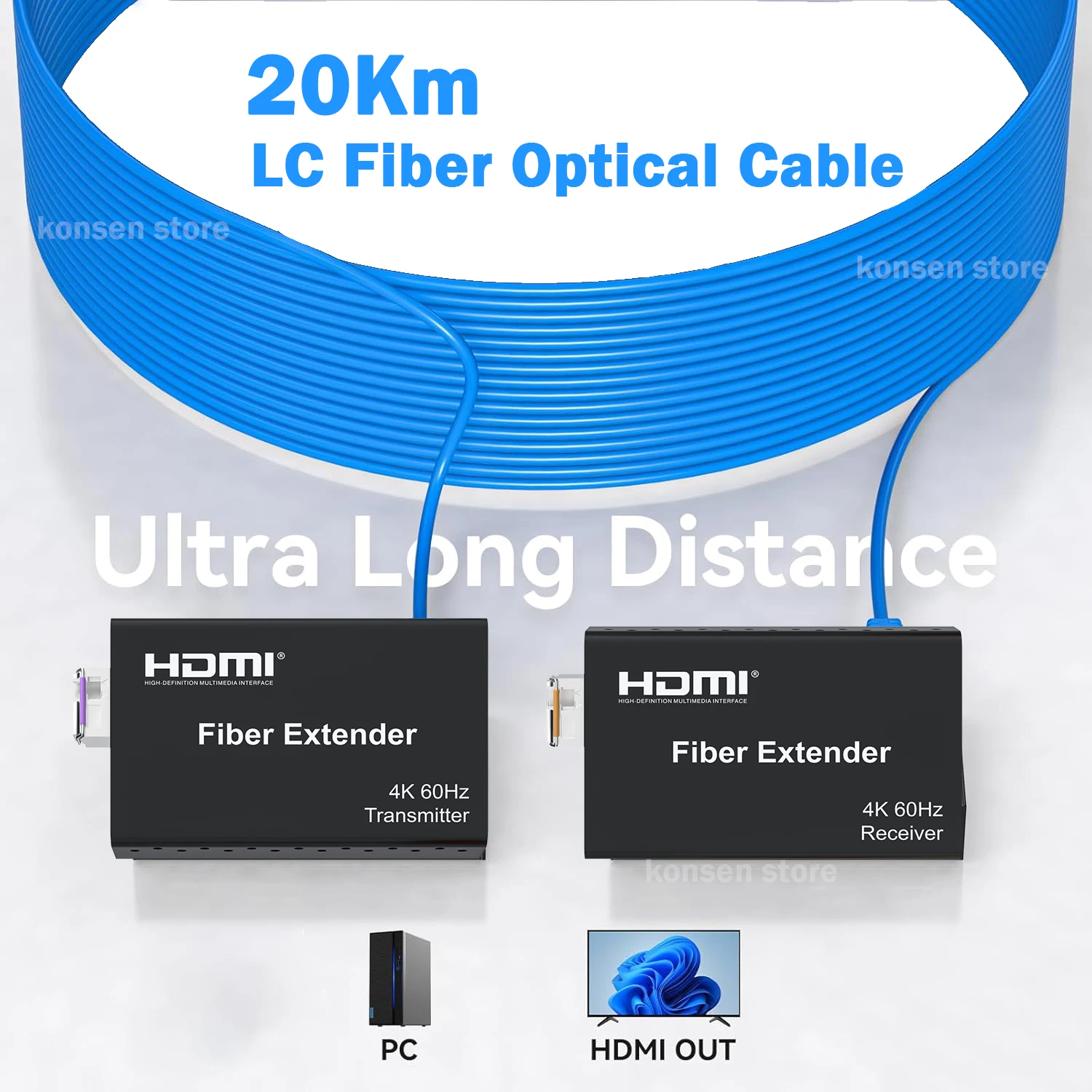 Фото 4K 60 Гц HDMI оптоволоконный удлинитель через оптоволоконный кабель LC 20 км HDMI 2.0 оптоволоконный трансивер видеоудлинитель с аудио HDCP2.2 HDR10 №3