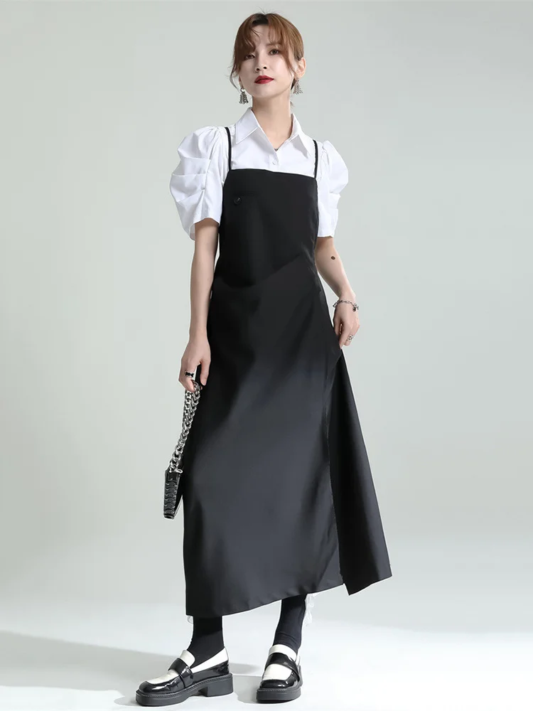 

Women Black Brief Long Spaghetti Strap Dress New Square Collar Sleeveless Loose Fit Fashion Spring Summer 2022 N580