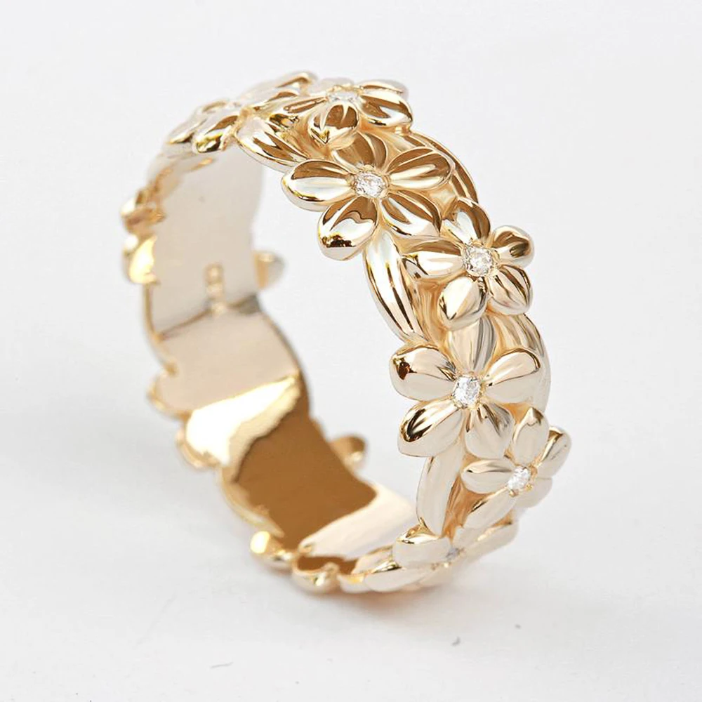 

Huitan Gold Color Delicate Flower Band Women Rings Shiny Cubic Zircon Romantic Bridal Wedding Party Finger Rings Fashion Jewelry