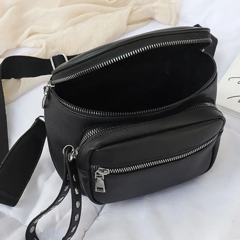 Women Multi-pocket Chest Waist Bag PU Leather Shoulder Messenger Handbag Purse Crossbody Black Tote Bag Two=zip Way