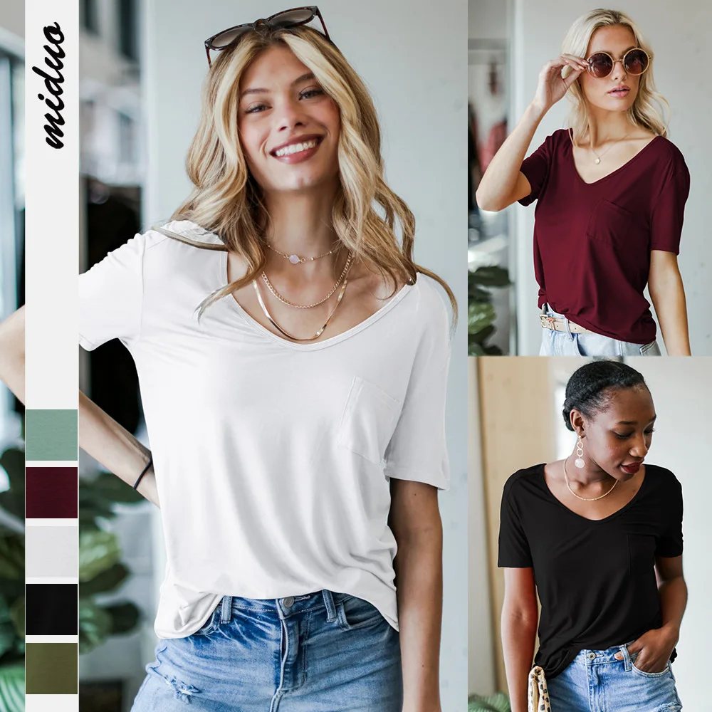 

Fashion solid color casual women's U-neck rayon breathable street short-sleeved T-shirt summer comfortable pullover top new