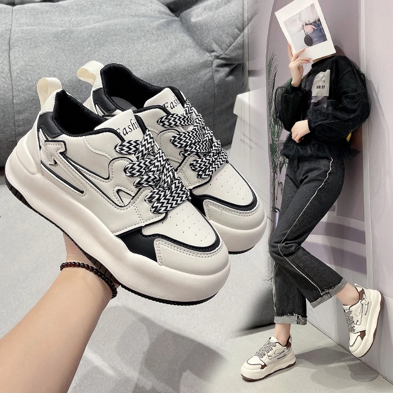 

Кроссовки женские массивные, Вулканизированная подошва, кроссовки для бега, повседневная обувь на плоской подошве, черные, белые, 35-40