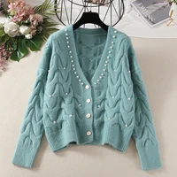 women sweet beaded v neck knitted cardigan spring new fashion beading knitted sweater female outwear casual loose top streetwear