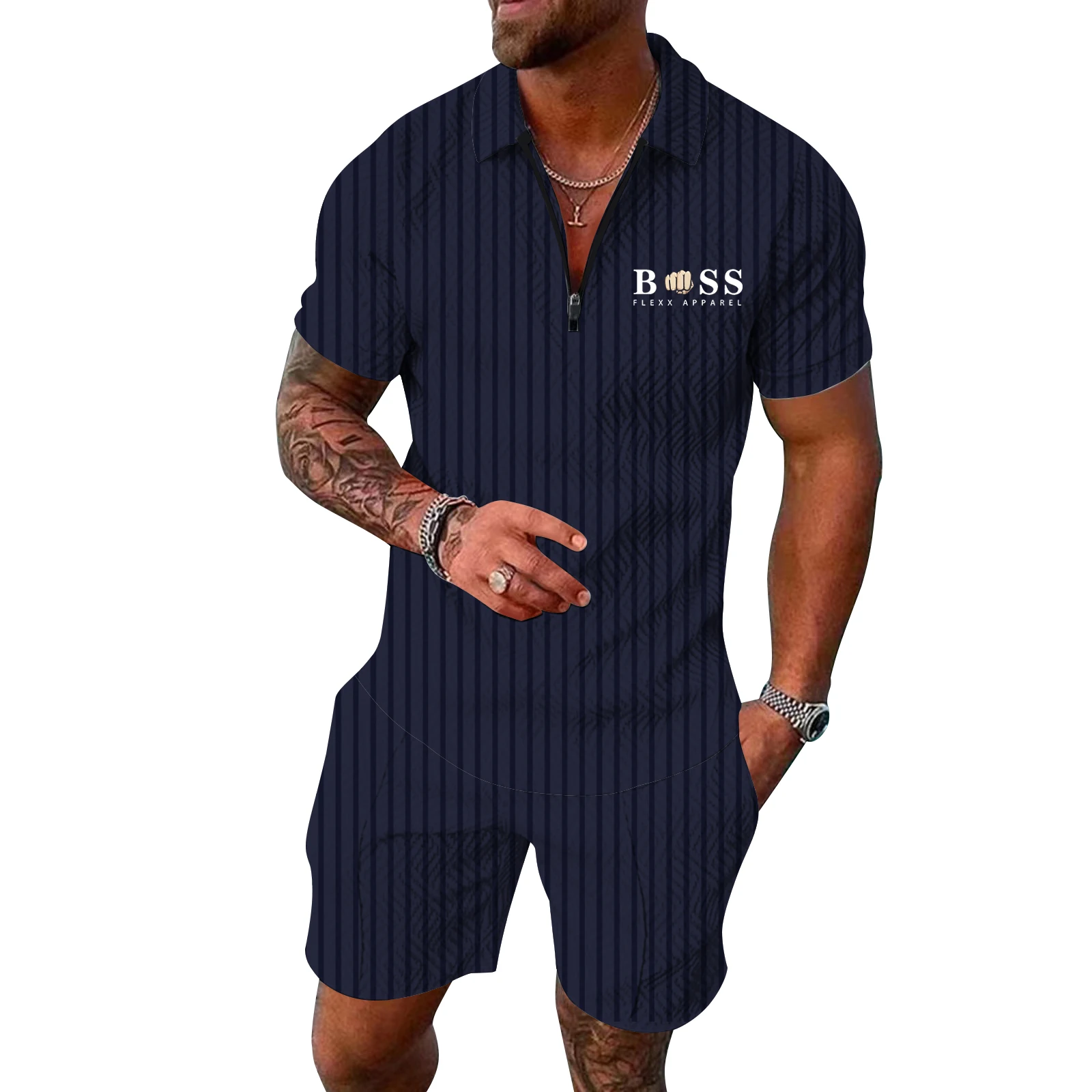 Men's Polo Suit Fashion Men Sets Mens Solid Color Summer V-neck Zipper Short Sleeve POLO Shirt+Shorts Two Pieces Men Casual Suit