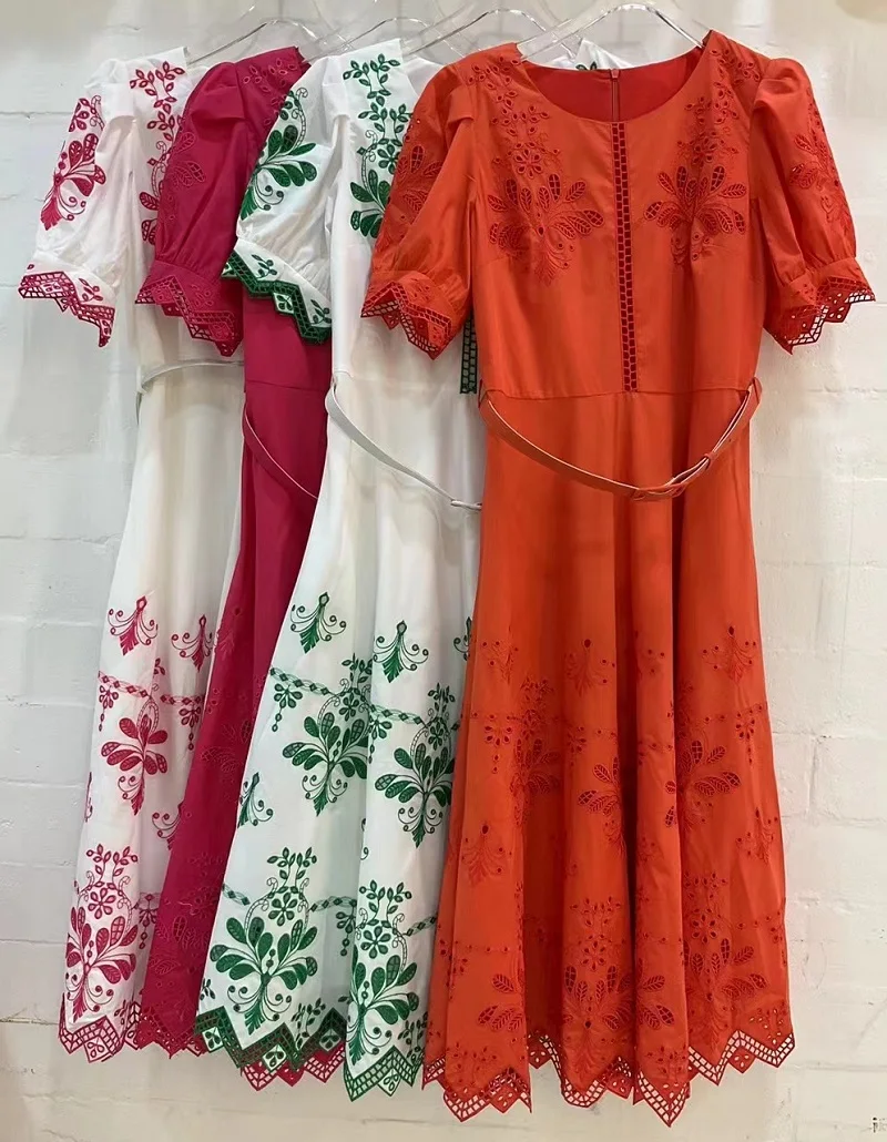 

Luxury Dress 2023 Summer Fashion Style Women Hollow Out Embroidery Short Sleeve A-Line White Pink Red Party Lady Dress 3xl 4XL