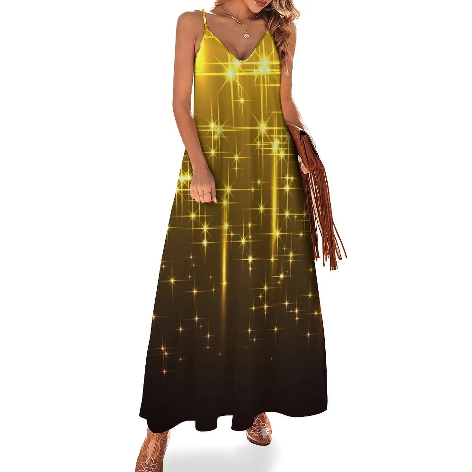 

Женское повседневное свободное платье на бретельках, Пляжное летнее сексуальное Макси-платье в стиле бохо, платья со сверкающими звездами и принтом, женское платье