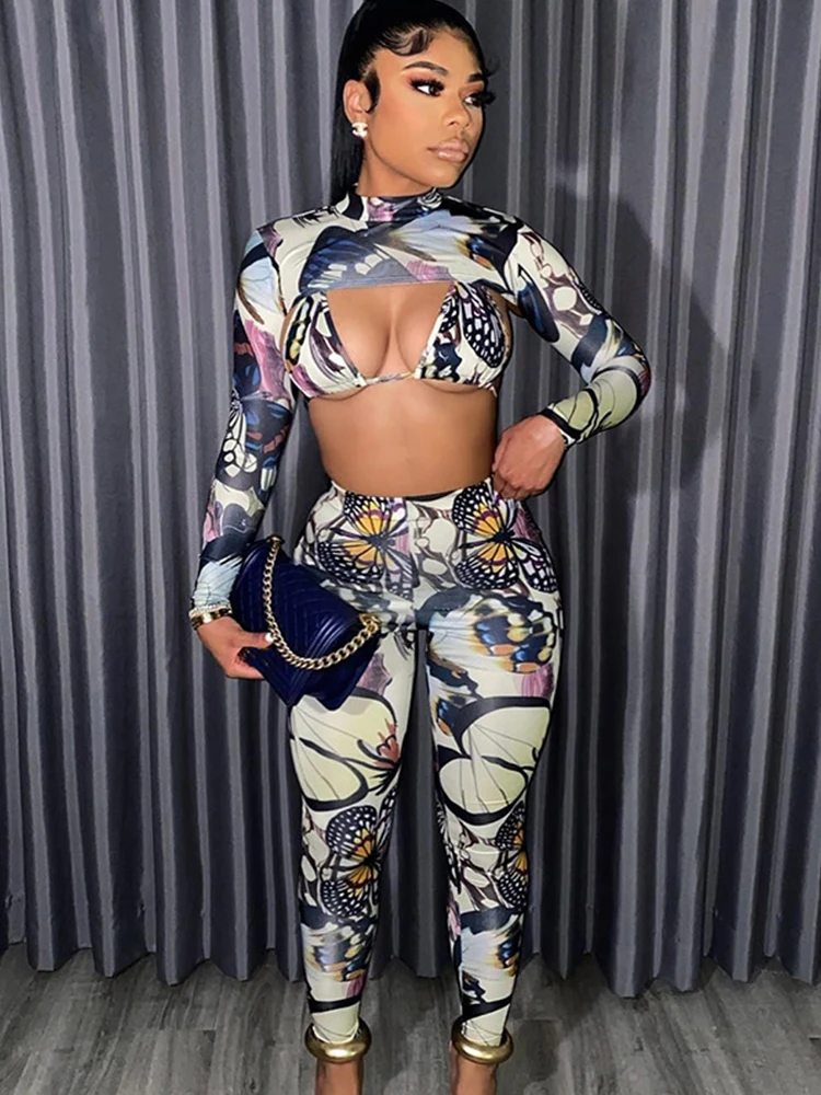 

Joskaa Colorful Butterfly Print 3 Piece Sets Women Sexy Bikini Tops Long Sleeve T-shirt and Pants Matching Fall 2022 Streetwear