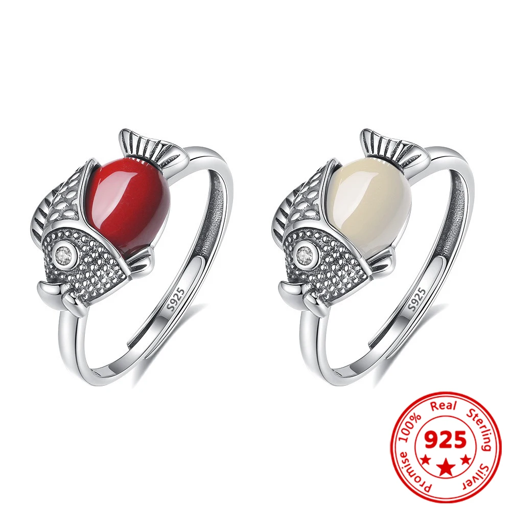 

925 Sterling Silver Jewelry Little Fish Hetian Jade South Red Agate Ring Adjustable Fashion Retro For Woman Man Festivals Gift