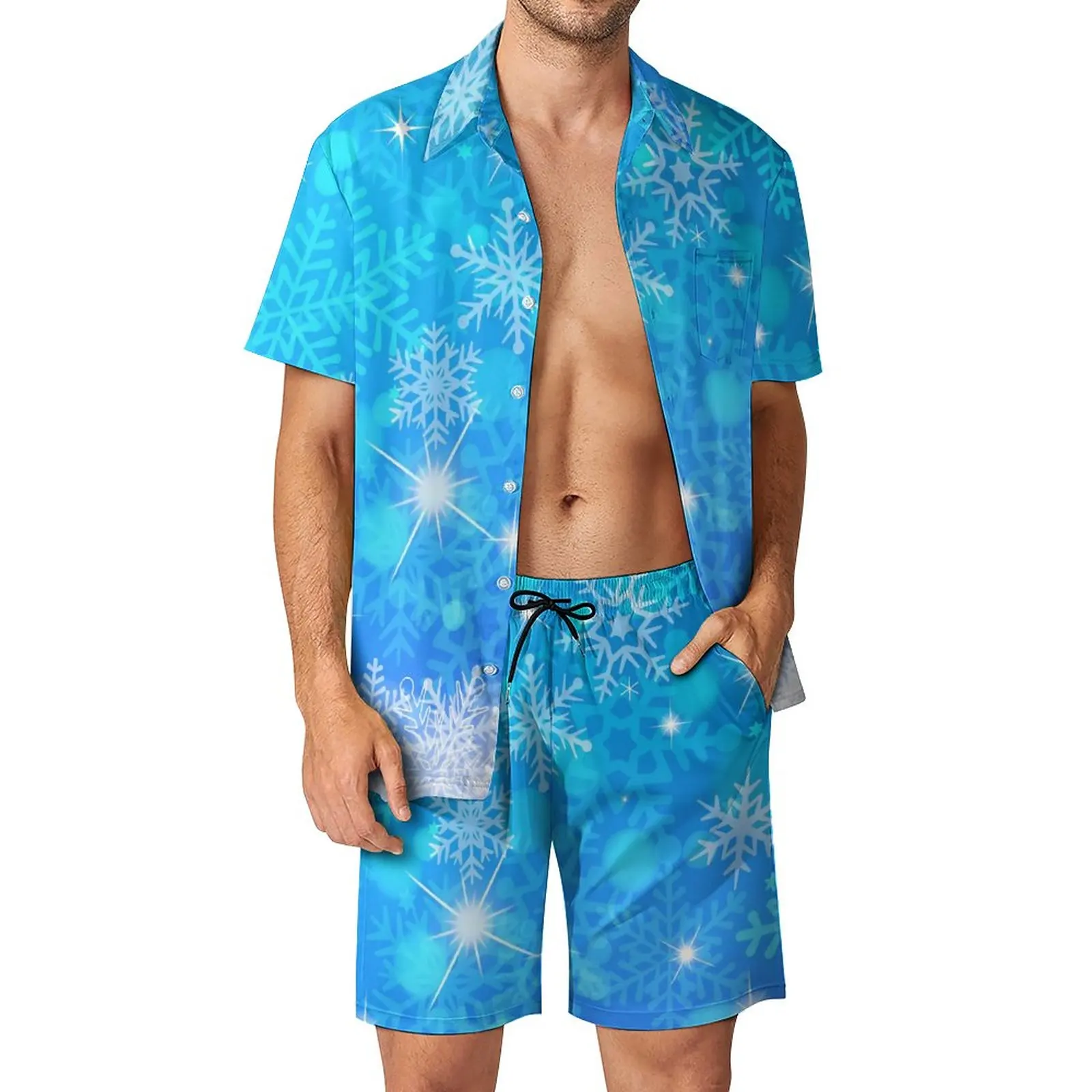 

Костюм мужской с принтом в виде снежинки, блестящий повседневный комплект из рубашки и шортов с графическим принтом, в стиле ретро, костюм для отпуска с коротким рукавом, большой размер, на лето