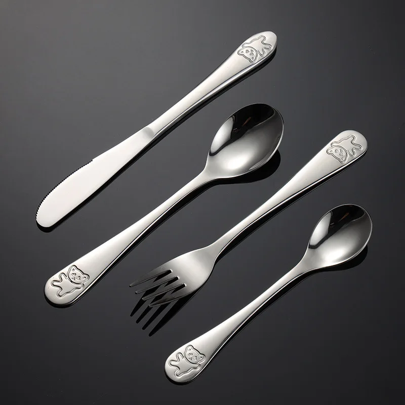 

New Stainless Steel Bear Cutlery Spoon Dessert Spoon Cooking Mixer Salad Fork Western Food 4 Piece Set Kitchen Accessories