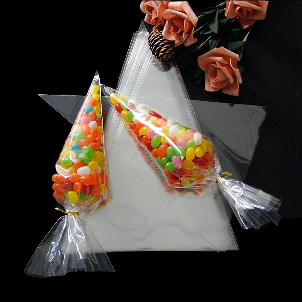 

50pcs/Set Clear Cellophane Cone Candy Bag for DIY Wedding Birthday Party Favors Transparent Storage Popcorn Plastic Bag